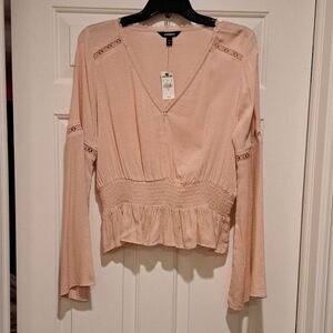 New Express Banded & Flare Long Sleeve Blouse Rose-Colored Size Medium